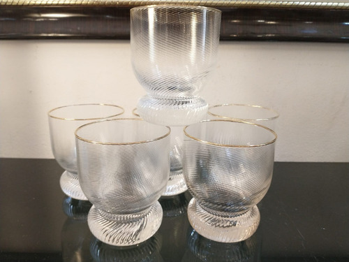 Antiguos 6 Vasos De Cristal Acanalados Whisky Virola Dorada