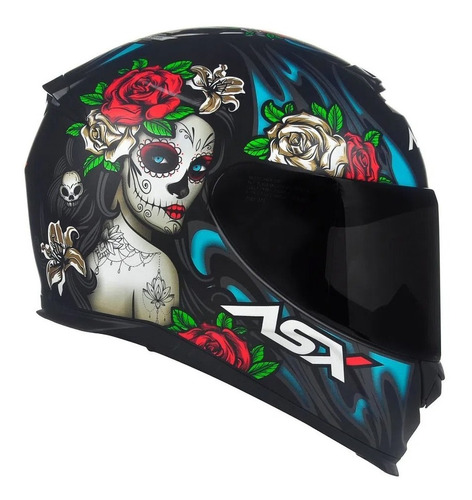 Capacete Asx Eagle Catrina Fosco Preto E Azul + Viseira Fumê