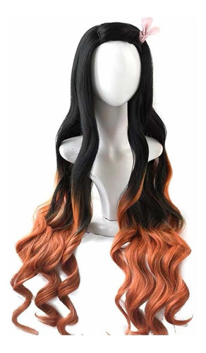 Peluca De Cosplay Kamado Nezuko Cabello Rizado Negro Naranja