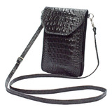 Bolsa Feminina Pequena Transversal Couro Legit Porta Celular Cor Preta Desenho Do Tecido Croco