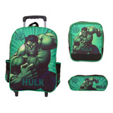 Mochila Infantil Masculina Rodinhas Hulk Lancheira Estojo