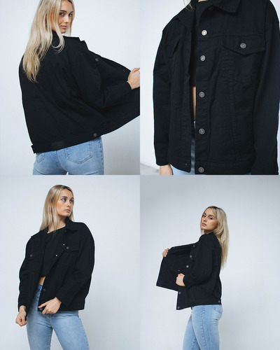 Campera Jean Oversize Mujer Celeste Negra Rígida Larga