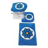 Jogo De Tapetes Para Banheiro Flores Com Azul -frufru - 3 Pç