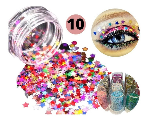 Kit 10 Potinhos Glitter Estrelinha Maquiagem Carnaval Bom