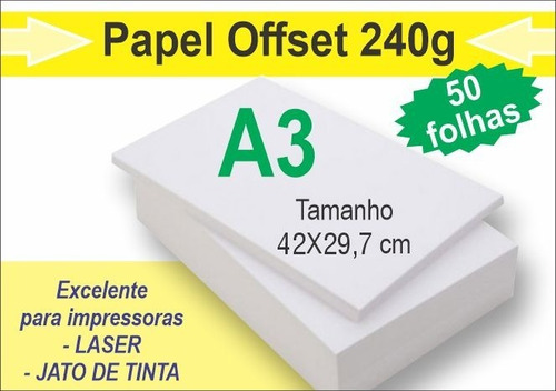 50 Folhas Papel Offset 240gr Sulfite Branco A3 - 29,7x42cm