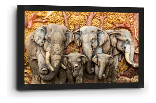 Cuadro Canvas Marco Clásico Elefantes En Relieve 60x90cm