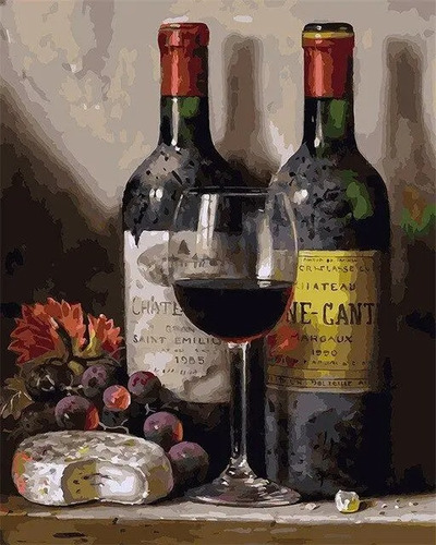 Pintura Por Numeros Botella Vino Copa Queso Manualidad 40x50