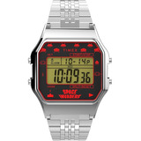 Reloj Timex X Space Invaders T80 34mm Luz Melodia Correa Plateado Bisel Plateado Fondo Verde