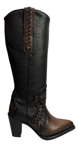 Bota Alta Vestir Dama Cuadra Detalles Piel Negro Miel Brillo