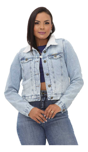 Jaqueta Jeans Feminina Forrada Peluciada Tendência Inverno