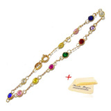 Pulseira Adulto Feminina Com Pedras Coloridas Ouro 18k 750