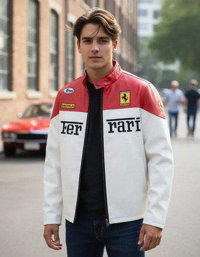 Chaqueta Ferrari F1 De Piel Bordada, Ligera, Manga Larga