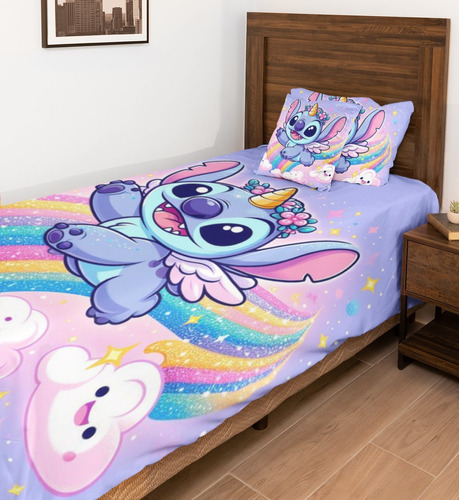 Lençol Solteiro 2pçs Stitch Unicórnio Roupa De Cama