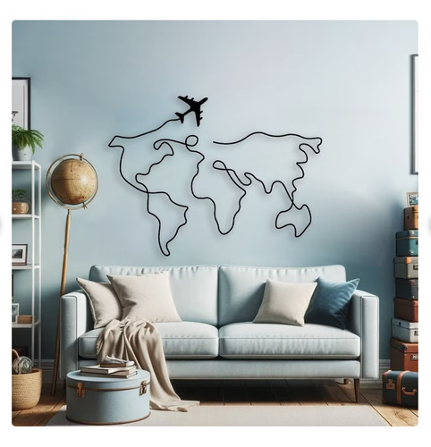 Cuadro Decorativo Mapa Mundo Viajes Avion En Madera