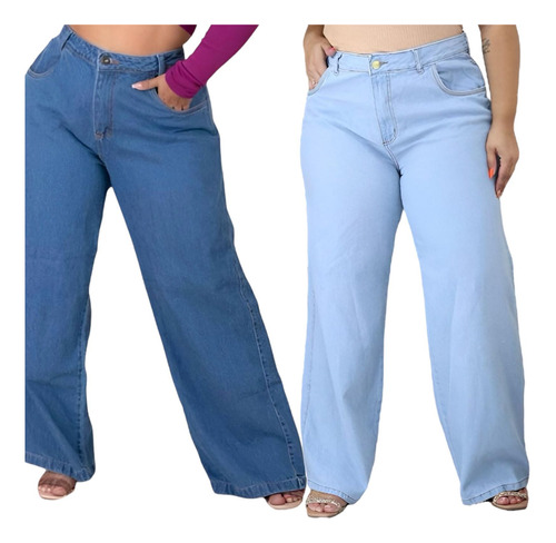 Kit 2 Calça Wide Leg Jeans Pantalona Destroyed Plus Size