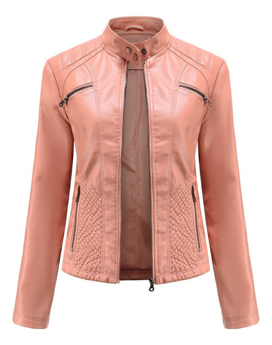 T Chaqueta De Cuero Con Cuello Alto De Color Sólido For Mujer