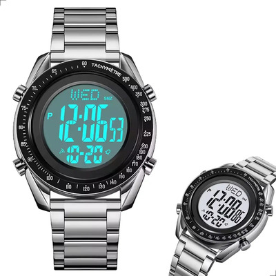 Relógio Masculino Skmei 2145 Prata Digital Esportivo Pulseira Aço Vidro Cristal Mineral Resistente À Água Cronômetro Timer Alarme