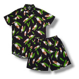 Conjunto Camisa Short Havaiano Estampa Floral Adulto Viscose