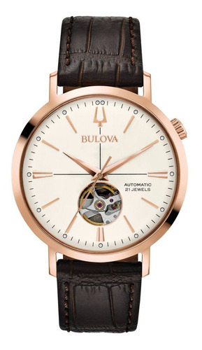 97a136 Reloj Bulova Mecanic Automatic Para Caballero Cafe/ro