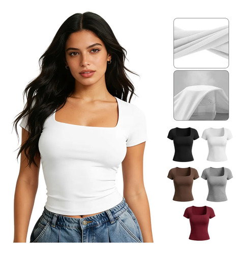 Blusas Mujer Lisa Cuello Cuadrado Crop Top Blusas Entallada
