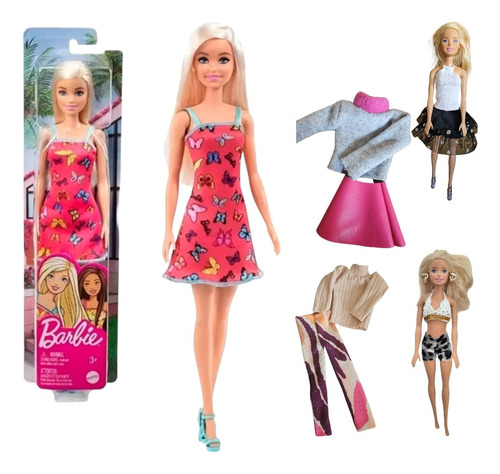 Muñeca Barbie Original Mattel + 4 Conjuntos De Ropa