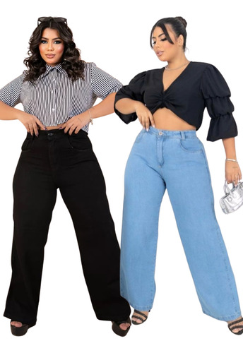 Kit 2 Calças Wide Leg Plus Size Jeans Cintura Alta Lisa