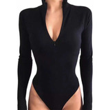 Top Body Mono Manga Larga Cuello Mao Escote Cierre Profundo