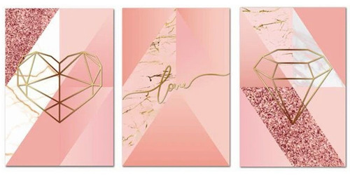 Kit Placas Quadros Decorativos 3 Peças 20x30 Mdf Formas Rosa