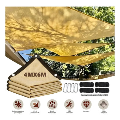 Malla De Sombra Raschel 4x6 Metros, Color Beige, 95% De Protección, Reforzada. Incluye 8 Ganchos Metálicos Y 4 Cuerdas Reforzadas De 5 Metros. Ideal Para Jardín, Terraza, Piscina Y Espacios Exteriores | Envío gratis