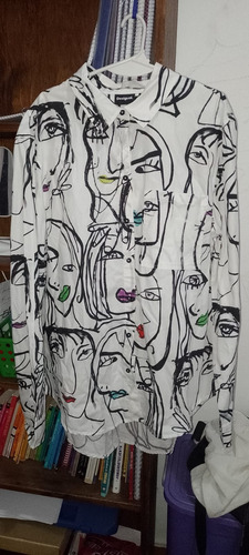 Camisa Desigual Talle Xl Blanca Estampada Blanco Caras Xl