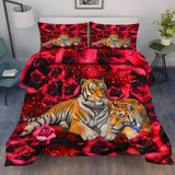 Hchuang Juego De Ropa De Cama De Tigre Con Diseño De Rosas.