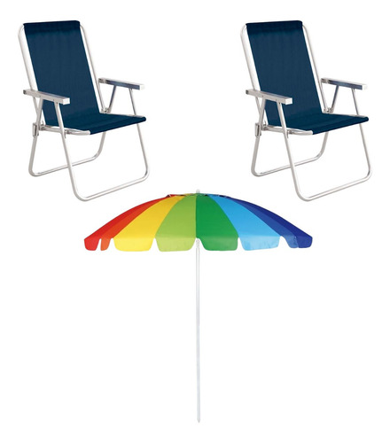 Kit Praia Casal 2 Cadeira Conforto Guarda Sol Rainbow 