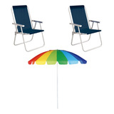 Kit Praia Casal 2 Cadeira Conforto Guarda Sol Rainbow 