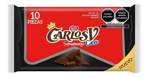 Carlos V Sin Azucar Semiamargo Cero Chocolate Nestle 10 Piez