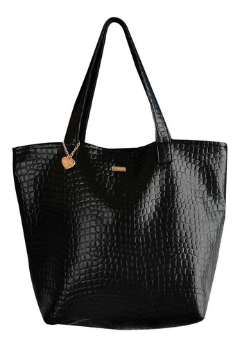 Cartera Tote Tu Cactus Tote Alegra Diseño Croco De Cuero Sintético  Negra Asas Color Negro Y Herrajes Oro