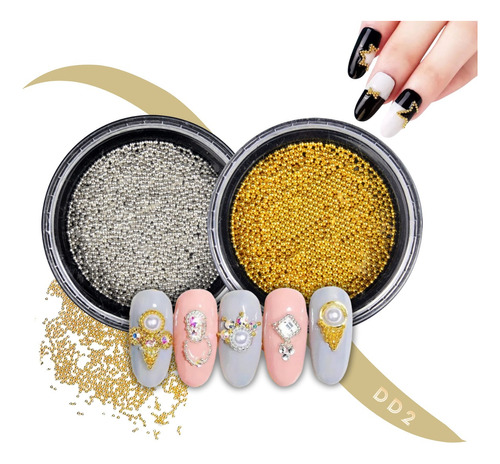 Mini Caviar Decoración Uñas Plateado Y Dorado Nail Art