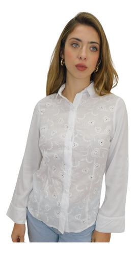 Camisa Broderie Rayon Mujer Elegante Blanca Rebatida Dama