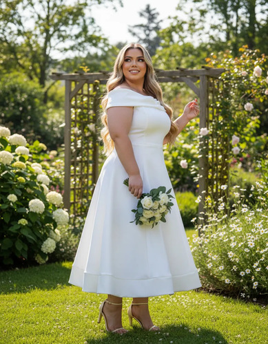 Vestido Plus Size Casamento Civil Noiva Midi Longo Rodado | Parcelamento sem juros