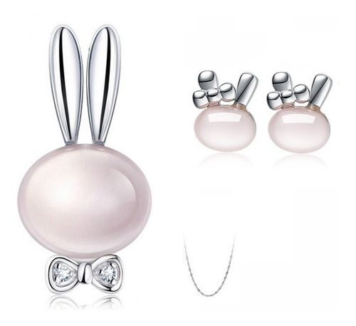 Set Conejo Cuarzo Rosa Cadena + Dije Y Aretes Plata S925