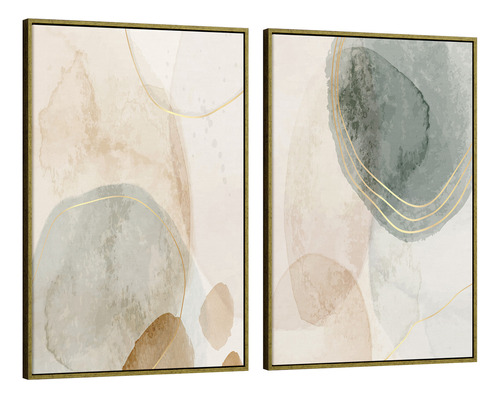 Kit Quadros Decorativos Abstrato Sala Aquarela Tela Canvas Cor Impressão Em Cores Cor Da Armação Dourado