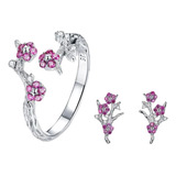 Conjunto Plata 925 Anillo Aros Flor Rosa Joyas Regalo Mujer