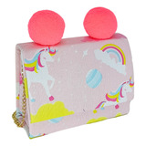 Bolsa Moda Infantil Menina Criança Blogueira C/ Glitter Cor Rosa Desenho Do Tecido Unicornio Pompom