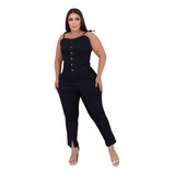 Jardineira Longa Jeans Plus Size Com Lycra Estica