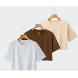 Kit 3 Camiseta Plus Size Feminina Cropped  De Malha Algodão