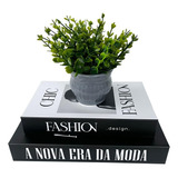 Decoração Livro Fashion,  Vaso Cinza Cerâmico Com Planta