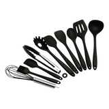 Utensílio De Cozinha Escumadeira Kit Talheres De Silicone Cor Preto