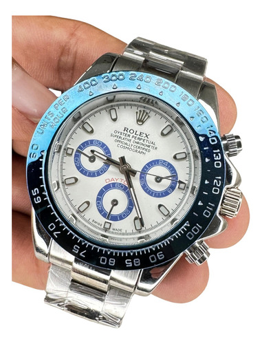 Relogio Masculino Rolex Daytona Prata Com Branco Bisel Azul