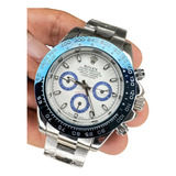 Relogio Masculino Rolex Daytona Prata Com Branco Bisel Azul