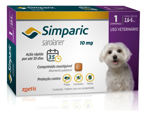 Comprimido Antipulga Zoetis Simparic 10mg Cães 2,6-5kg 1comp