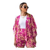 Conjunto Feminino Kimono E Short 100% Viscose Saída De Praia